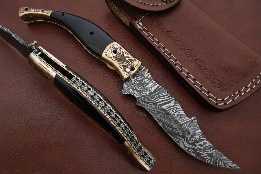 Handmade Damascus Steel Folding Knife with Teal Handle, Engraved Bolster & Leather Sheath