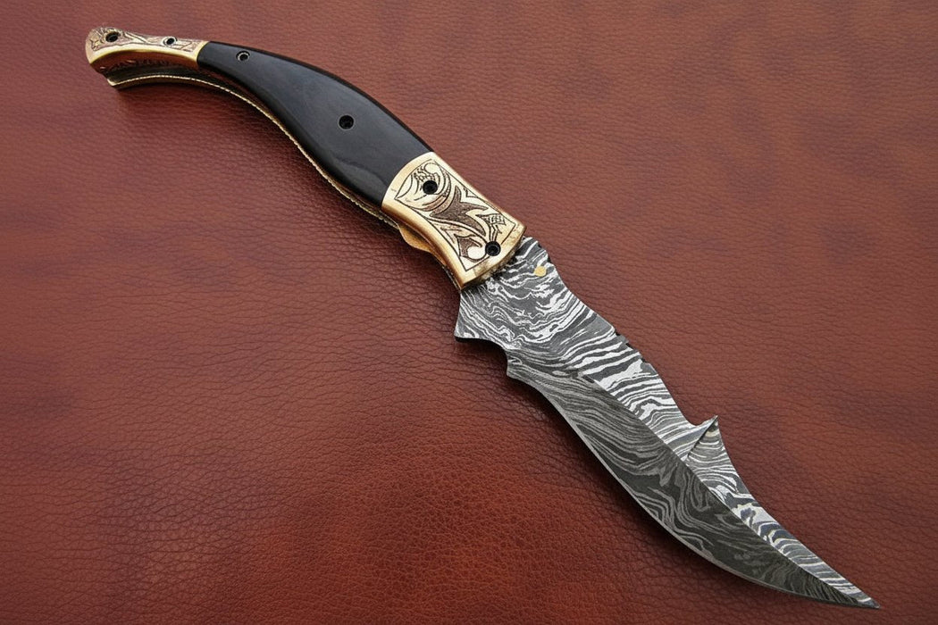 Handmade Damascus Steel Folding Knife with Teal Handle, Engraved Bolster & Leather Sheath