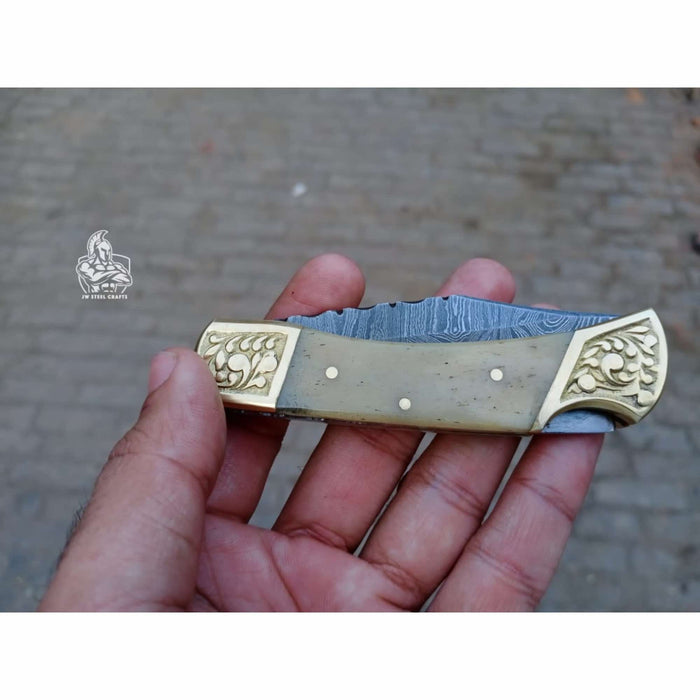 Handmade Damascus Steel Folding Pocket Knife with Bone Handle & Engraved Brass Bolsters