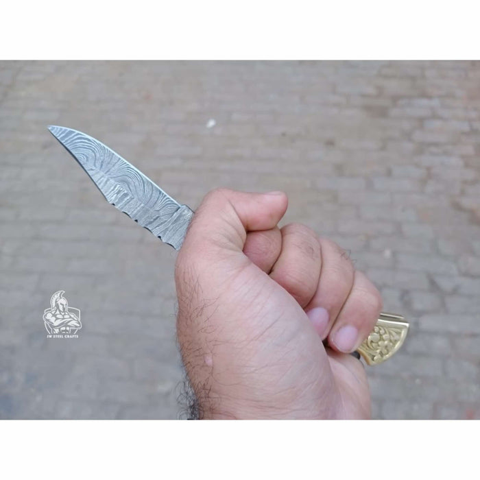Handmade Damascus Steel Folding Pocket Knife with Bone Handle & Engraved Brass Bolsters