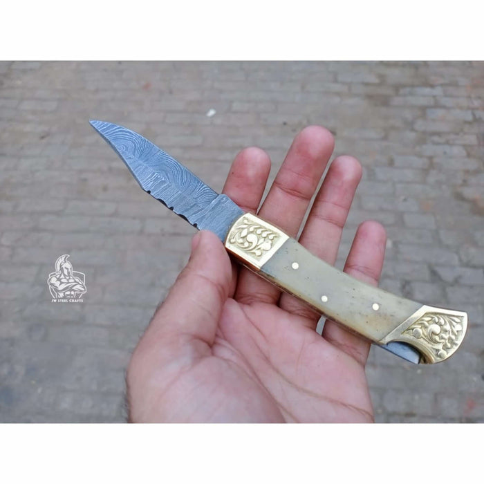 Handmade Damascus Steel Folding Pocket Knife with Bone Handle & Engraved Brass Bolsters