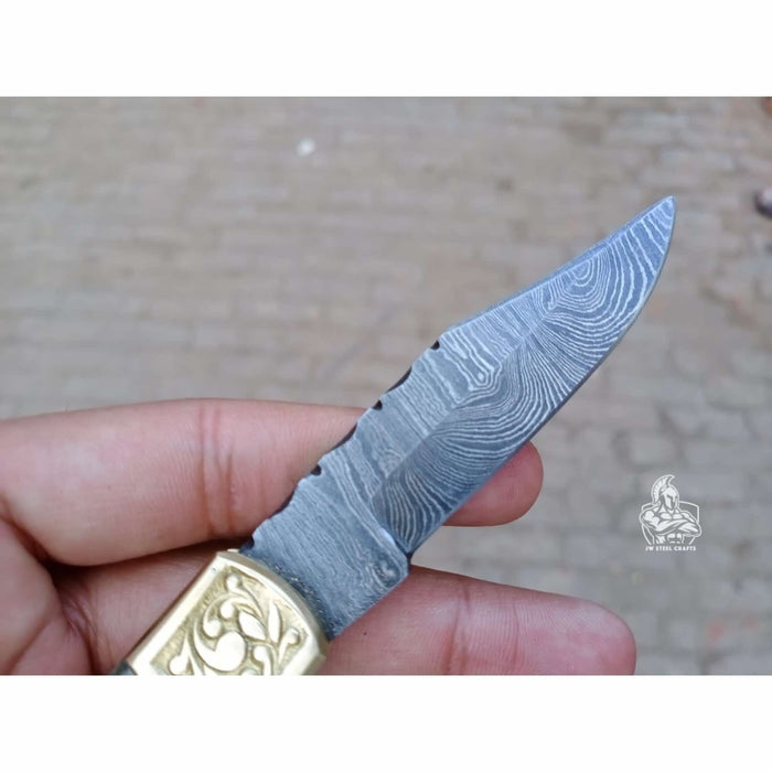 Handmade Damascus Steel Folding Pocket Knife with Bone Handle & Engraved Brass Bolsters
