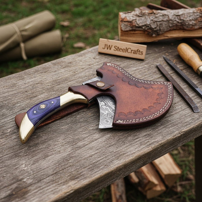 Damascus Steel Bushcraft Axe with Hardwood Handle & Leather Sheath