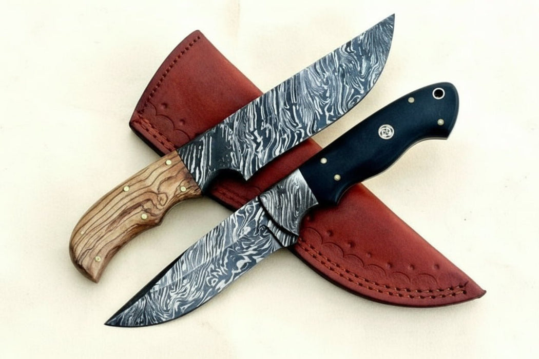 Handmade Damascus Steel Hunting Skinner Knife Lot of 2/ Fixed Blades knives with Leather Sheaths