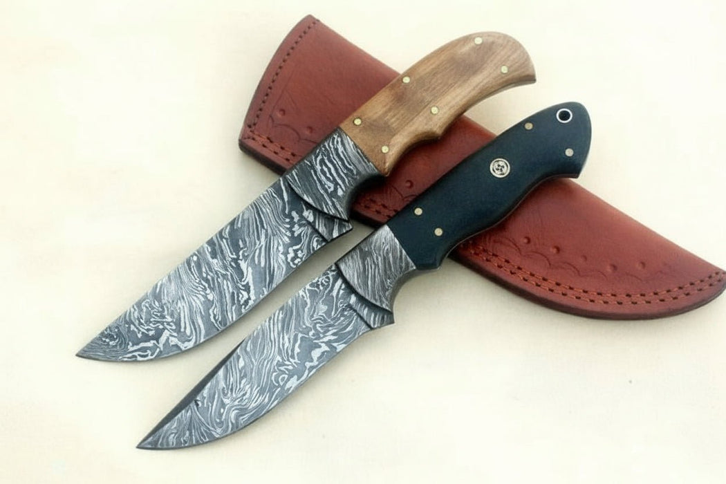 Handmade Damascus Steel Hunting Skinner Knife Lot of 2/ Fixed Blades knives with Leather Sheaths