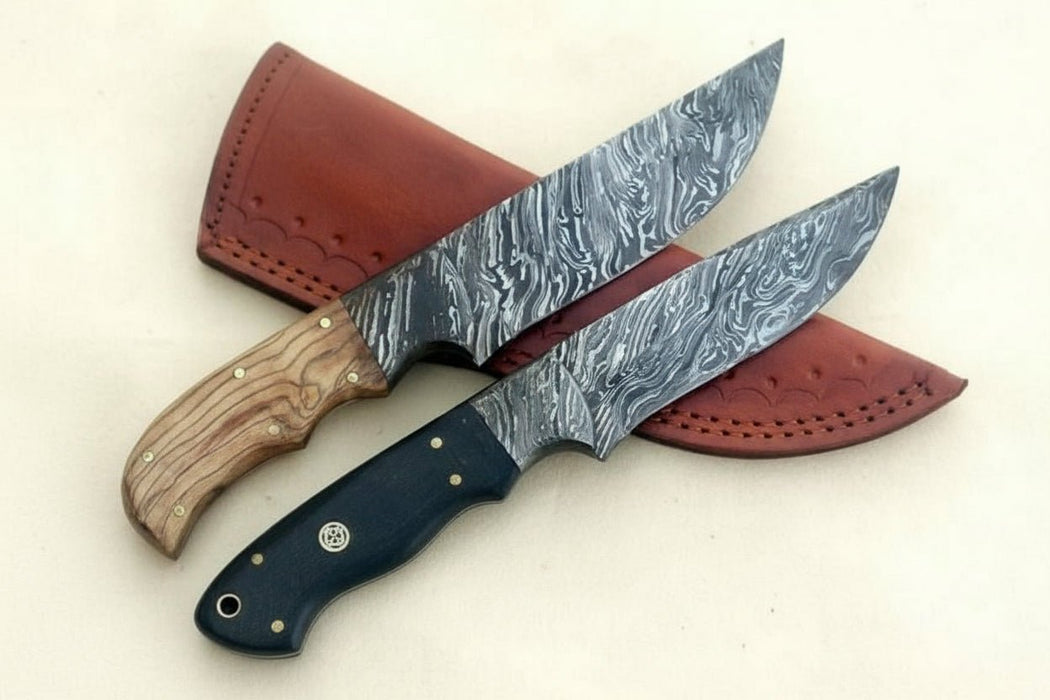 Handmade Damascus Steel Hunting Skinner Knife Lot of 2/ Fixed Blades knives with Leather Sheaths