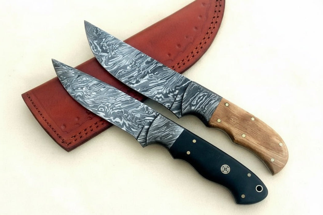 Handmade Damascus Steel Hunting Skinner Knife Lot of 2/ Fixed Blades knives with Leather Sheaths