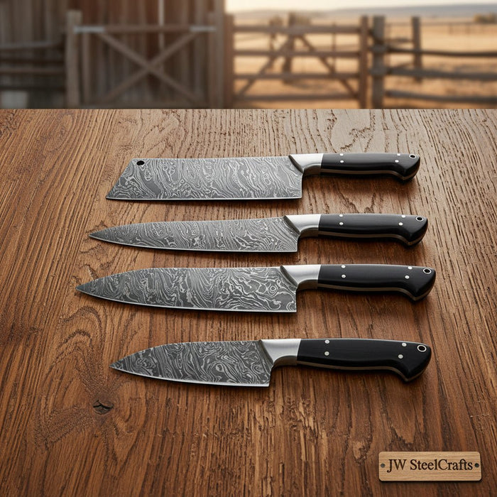4-Piece Handmade Damascus Steel Kitchen Knife Set with Pakka Wood Handles