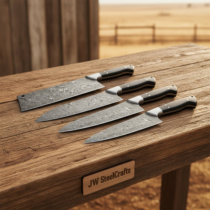 4-Piece Handmade Damascus Steel Kitchen Knife Set with Pakka Wood Handles