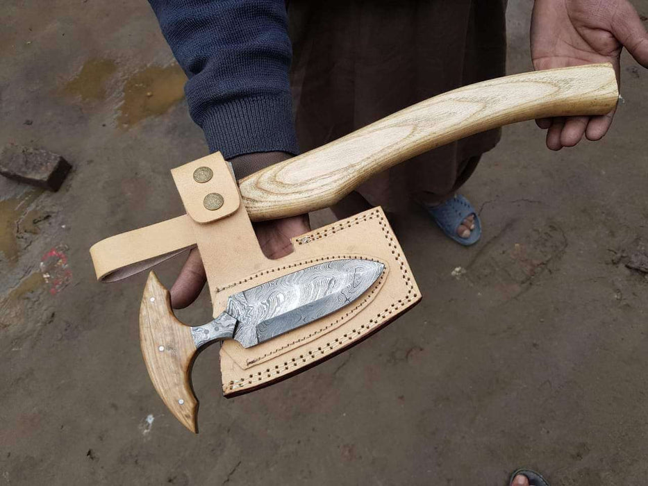Handmade Damascus Steel Viking Axe and Matching Knife Set with Ash Wood Handle and Leather Sheath