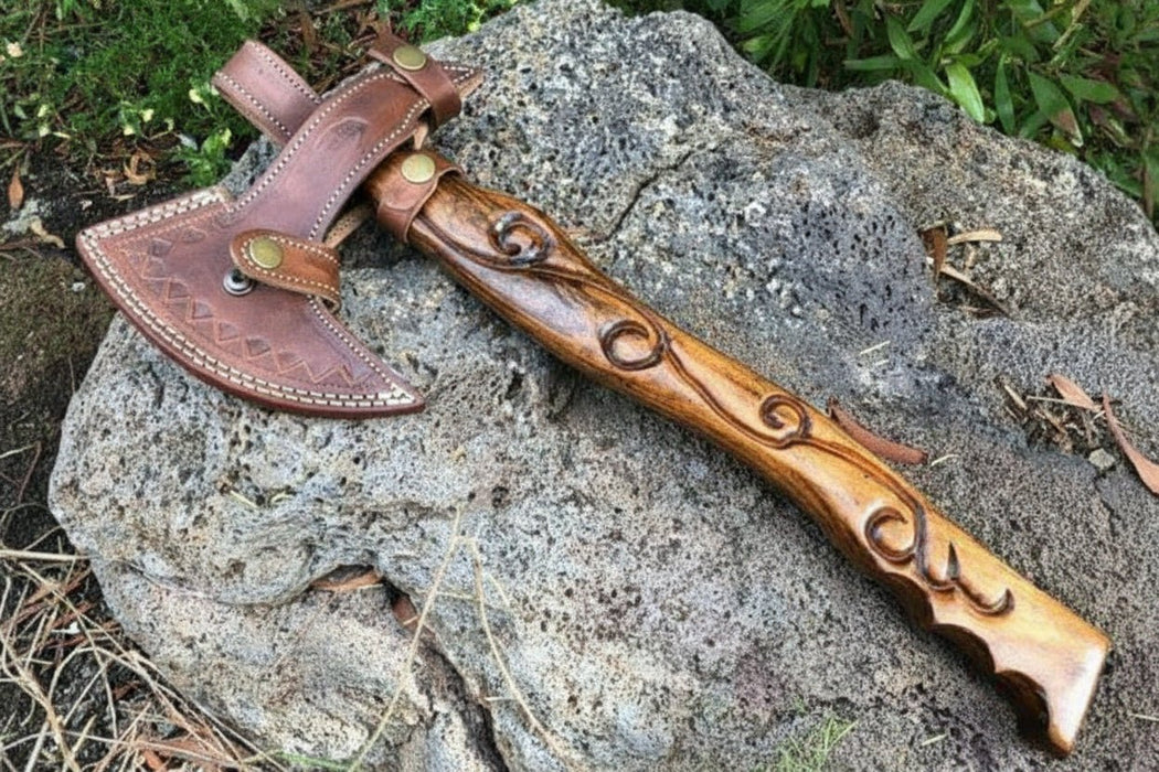 Handmade Damascus Steel Viking Bearded Axe – Pattern Welded Blade with Carved Hardwood Handle | JW SteelCrafts