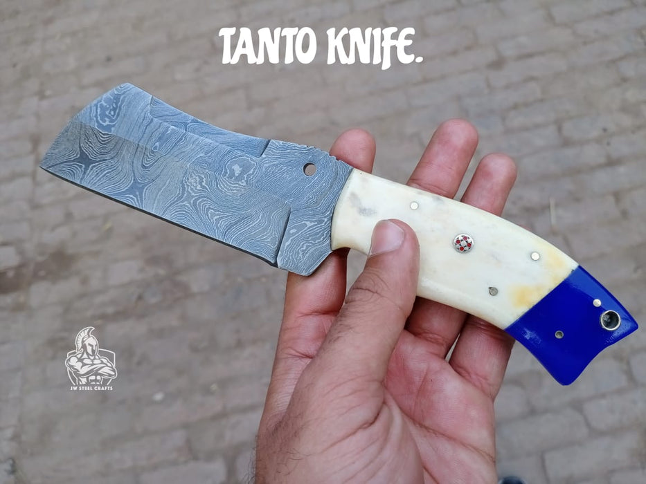 Handmade Damascus Tanto Knife with Bone and Blue Resin Handle, Fixed Blade Outdoor Utility Knife