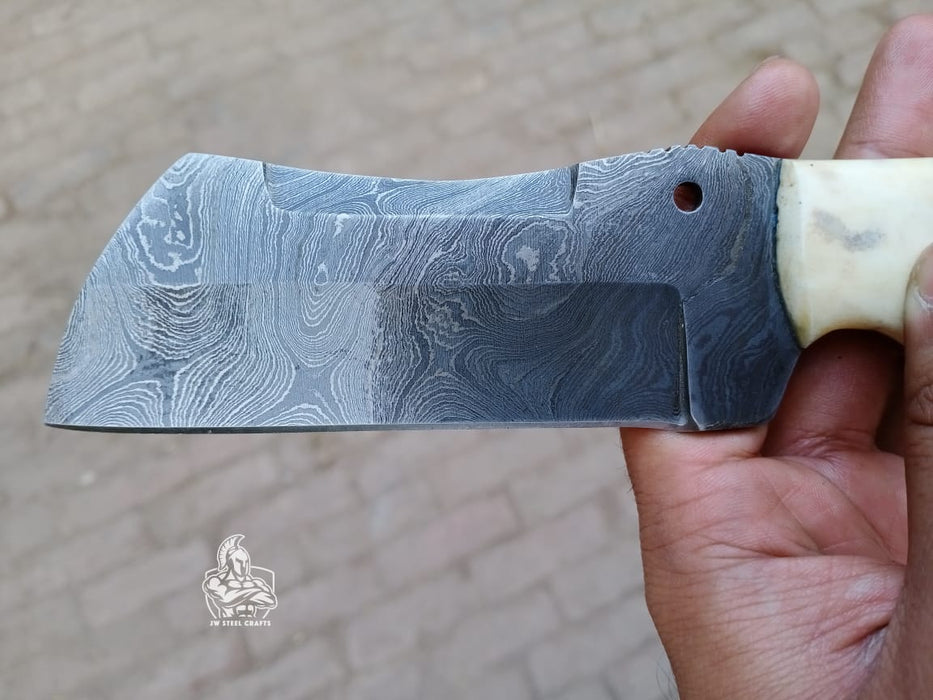Handmade Damascus Tanto Knife with Bone and Blue Resin Handle, Fixed Blade Outdoor Utility Knife