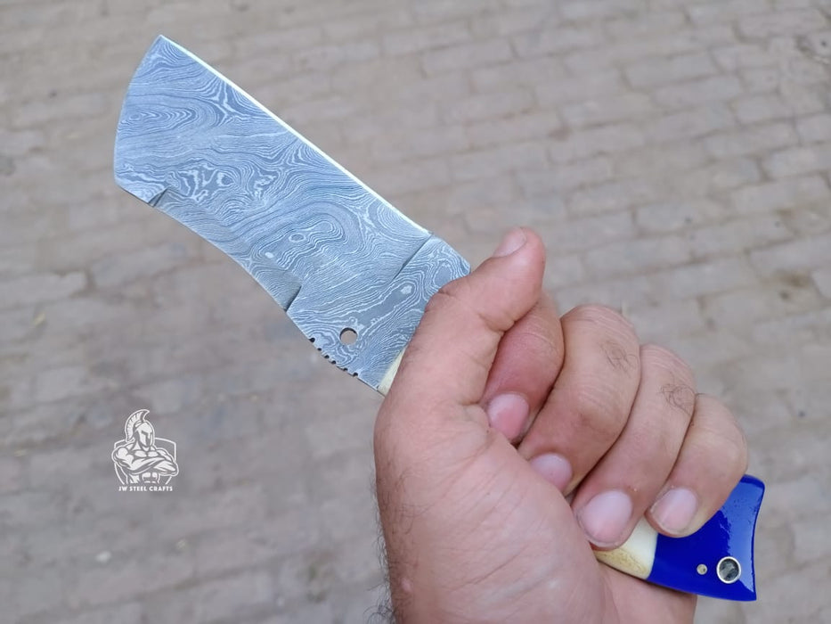 Handmade Damascus Tanto Knife with Bone and Blue Resin Handle, Fixed Blade Outdoor Utility Knife