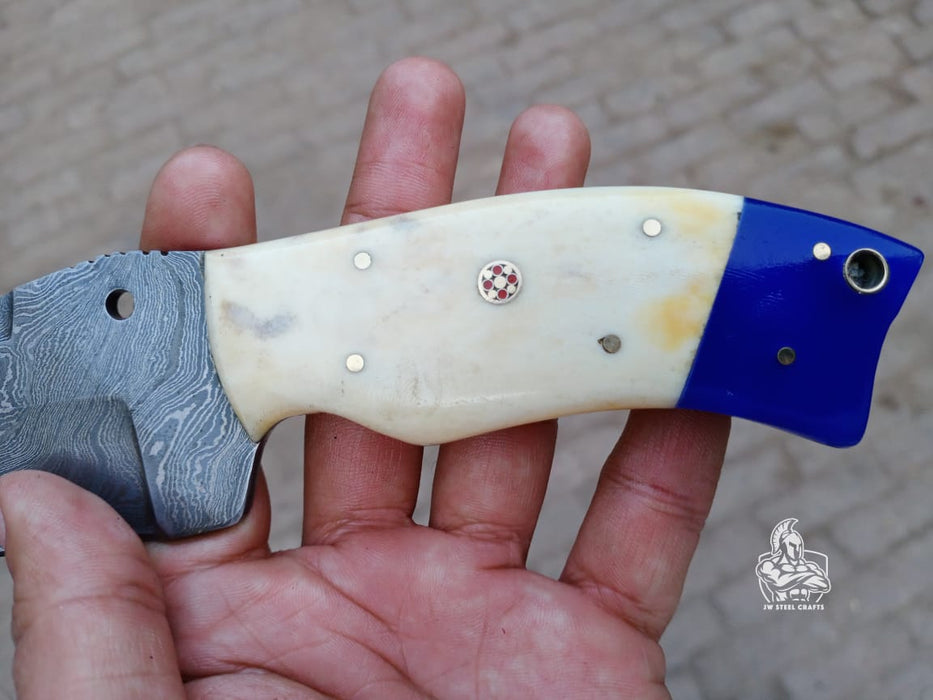 Handmade Damascus Tanto Knife with Bone and Blue Resin Handle, Fixed Blade Outdoor Utility Knife