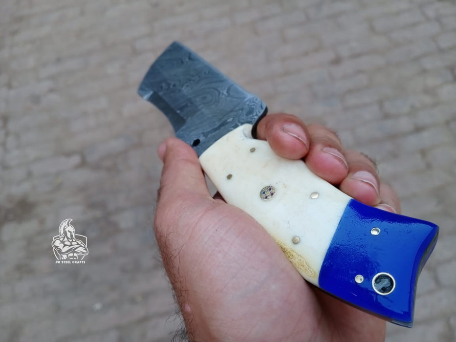 Handmade Damascus Tanto Knife with Bone and Blue Resin Handle, Fixed Blade Outdoor Utility Knife