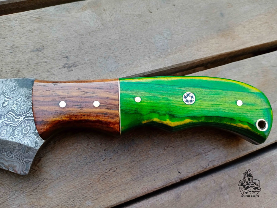 Handmade Damascus Tracker Knife 10 Inch with Green Pakka Wood and Rosewood Handle