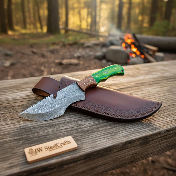 Handmade Damascus Tracker Knife 10 Inch with Green Pakka Wood and Rosewood Handle