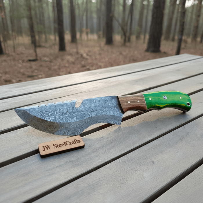 Handmade Damascus Tracker Knife 10 Inch with Green Pakka Wood and Rosewood Handle