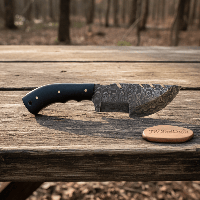 Handmade Damascus Tracker Knife with Black Micarta Handle, Fixed Blade Outdoor Hunting Knife