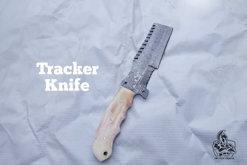 Handmade Damascus Tracker Knife with Bone Handle, Fixed Blade Bushcraft Survival Knife
