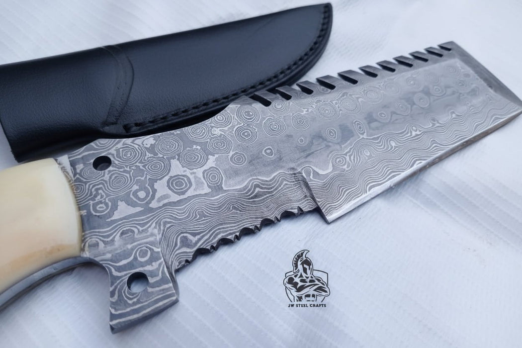 Handmade Damascus Tracker Knife with Bone Handle, Fixed Blade Bushcraft Survival Knife