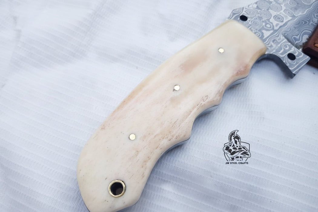 Handmade Damascus Tracker Knife with Bone Handle, Fixed Blade Bushcraft Survival Knife