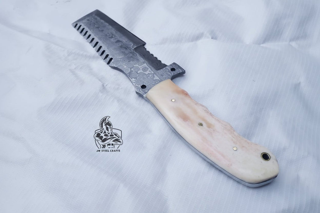 Handmade Damascus Tracker Knife with Bone Handle, Fixed Blade Bushcraft Survival Knife