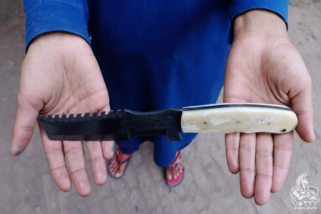 Handmade Damascus Tracker Knife with Bone Handle, Fixed Blade