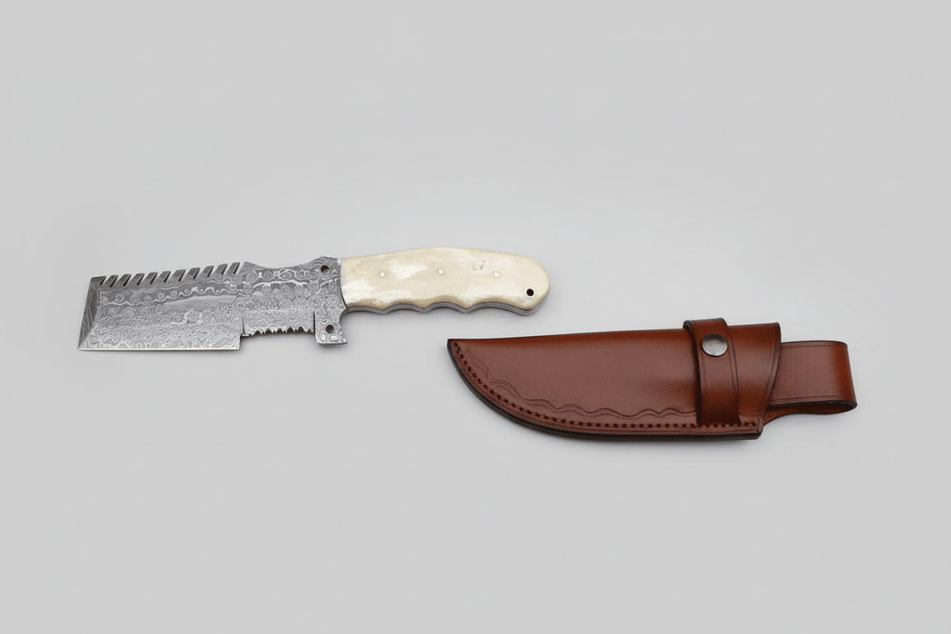 Handmade Damascus Tracker Knife with Bone Handle, Fixed Blade