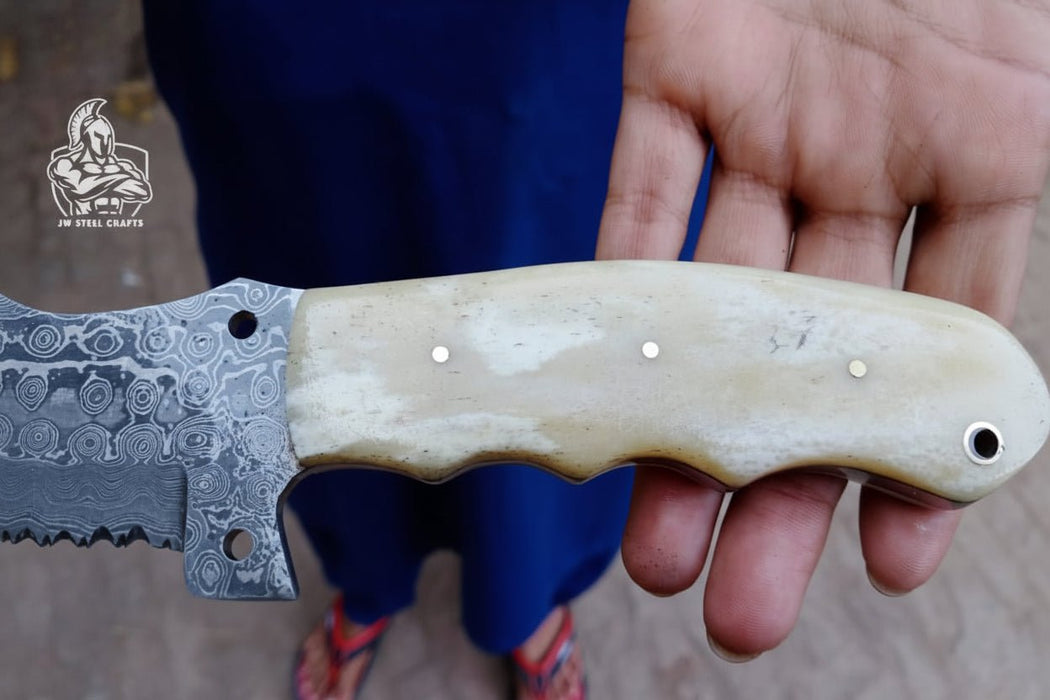 Handmade Damascus Tracker Knife with Bone Handle, Fixed Blade