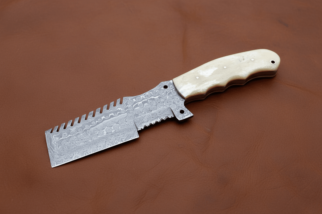 Handmade Damascus Tracker Knife with Bone Handle, Fixed Blade