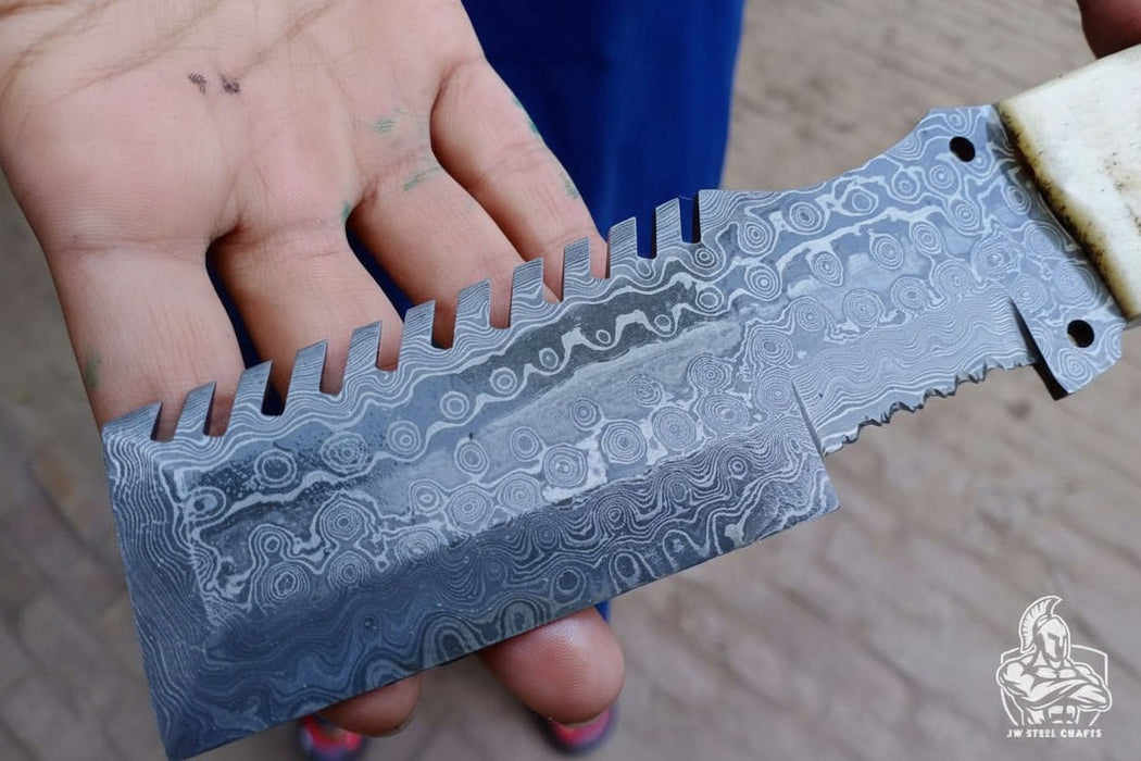Handmade Damascus Tracker Knife with Bone Handle, Fixed Blade