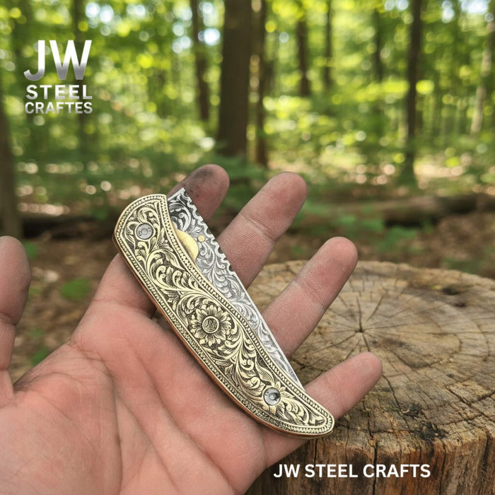 Handmade Engraved Brass Handle Folding Knife for EDC