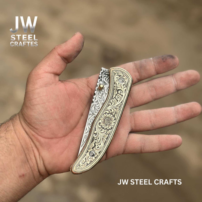 Handmade Engraved Brass Handle Folding Knife for EDC