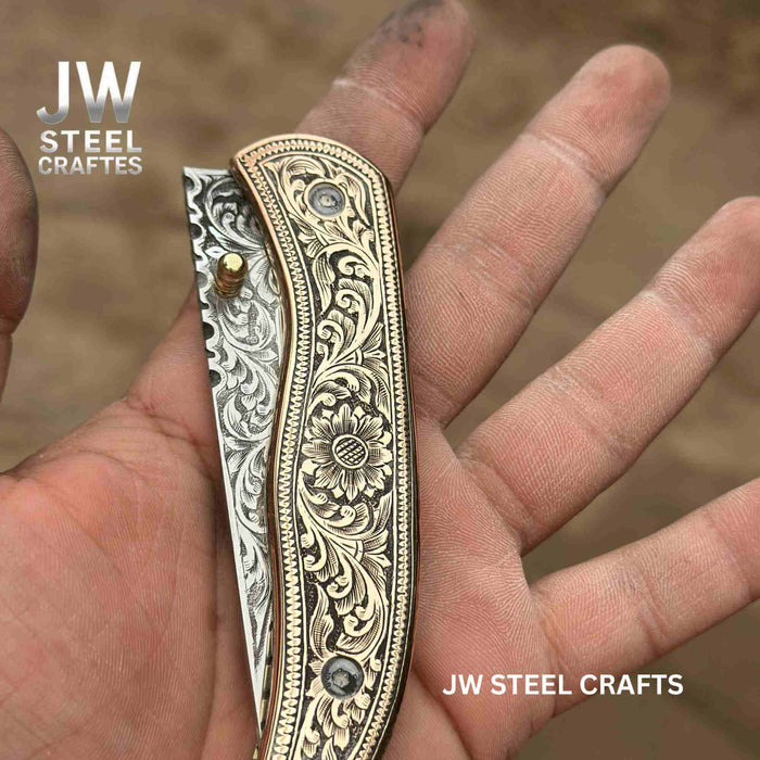 Handmade Engraved Brass Handle Folding Knife for EDC