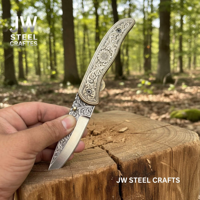 Handmade Engraved Brass Handle Folding Knife for EDC