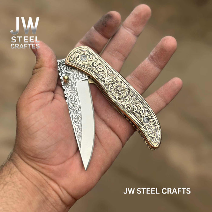 Handmade Engraved Brass Handle Folding Knife for EDC