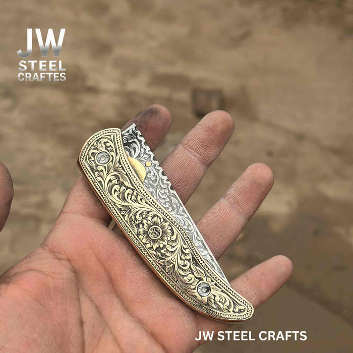 Handmade Engraved Brass Handle Folding Knife for EDC
