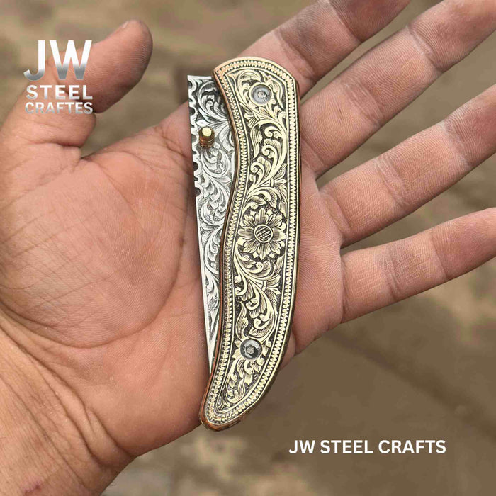 Handmade Engraved Brass Handle Folding Knife for EDC