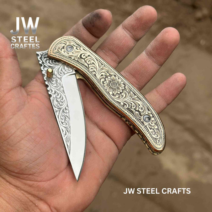 Handmade Engraved Brass Handle Folding Knife for EDC