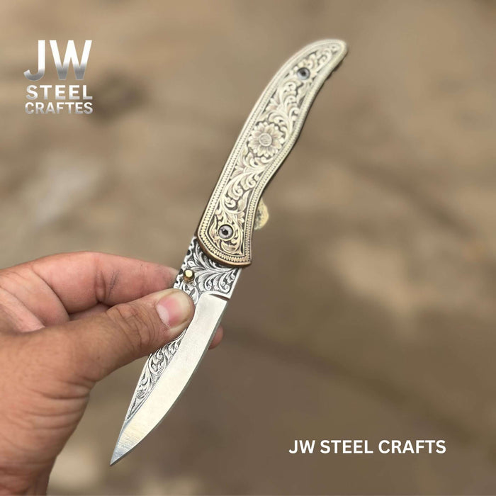 Handmade Engraved Brass Handle Folding Knife for EDC