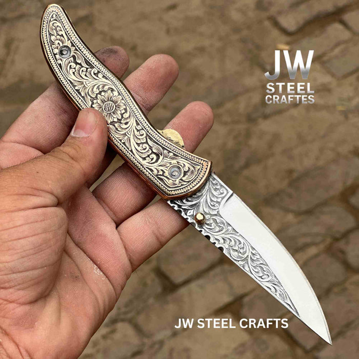 Handmade Engraved Brass Handle Folding Knife for EDC