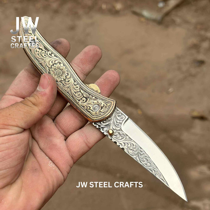 Handmade Engraved Brass Handle Folding Knife for EDC