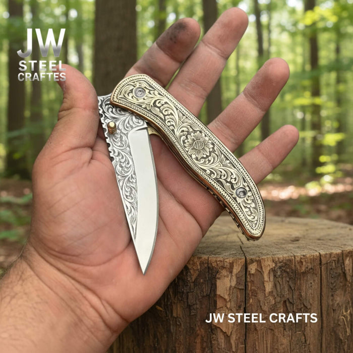 Handmade Engraved Brass Handle Folding Knife for EDC