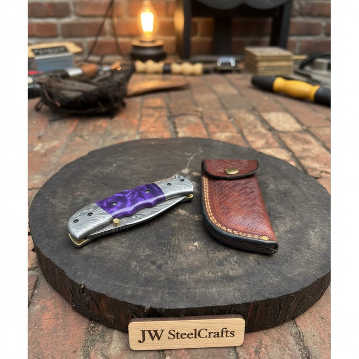 Feather Pattern Damascus Folding Knife with Purple Resin Handle