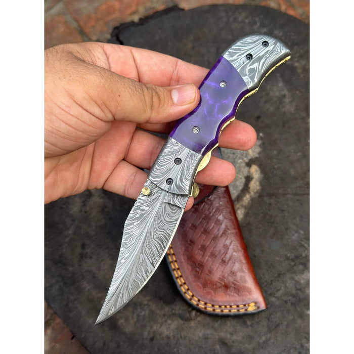 Feather Pattern Damascus Folding Knife with Purple Resin Handle