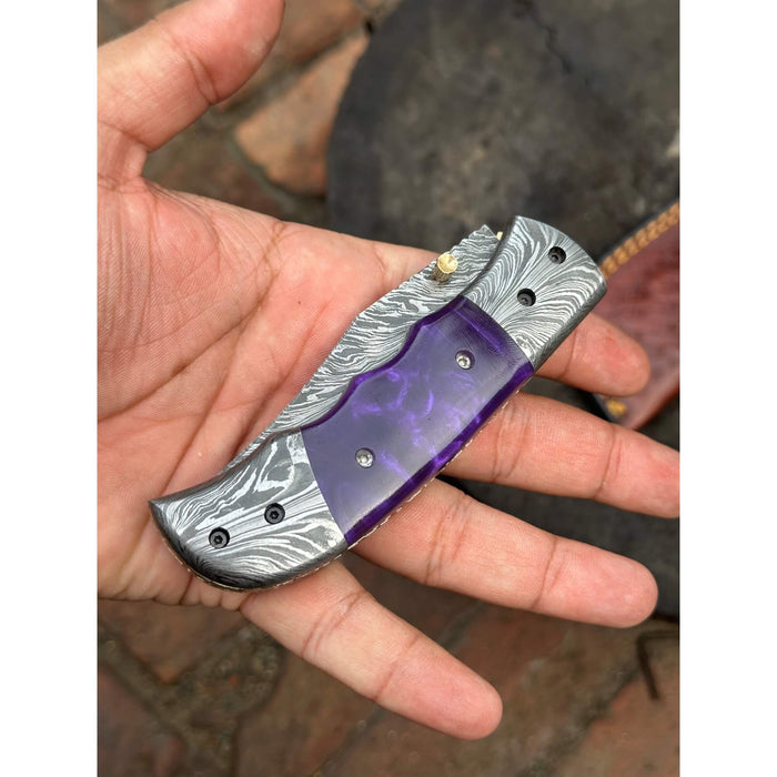 Feather Pattern Damascus Folding Knife with Purple Resin Handle
