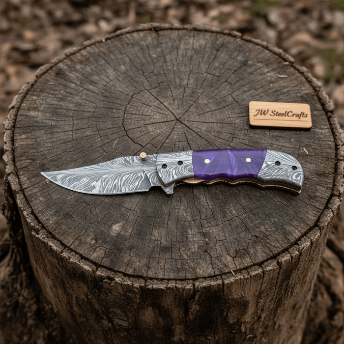 Feather Pattern Damascus Folding Knife with Purple Resin Handle