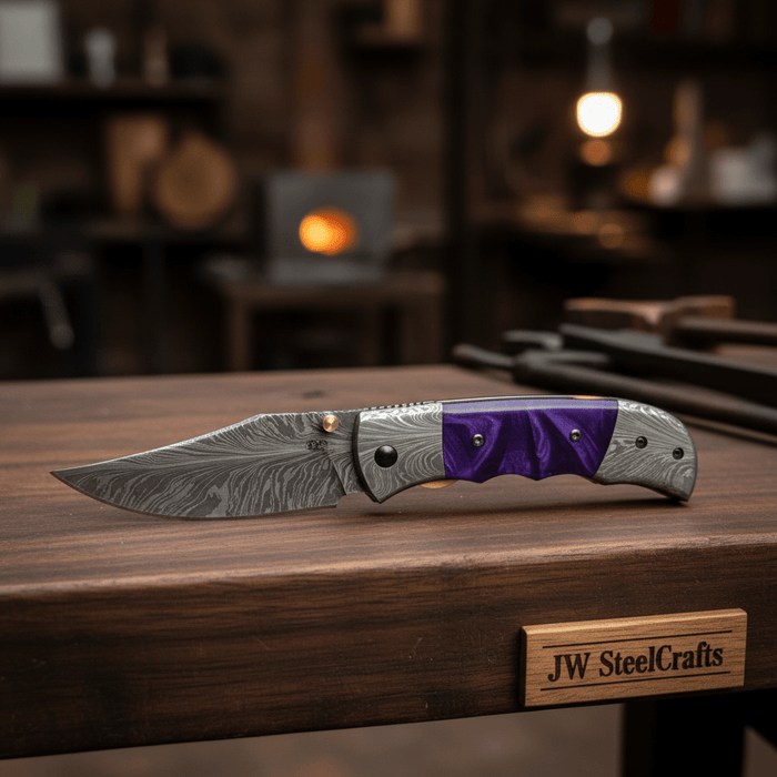 Feather Pattern Damascus Folding Knife with Purple Resin Handle